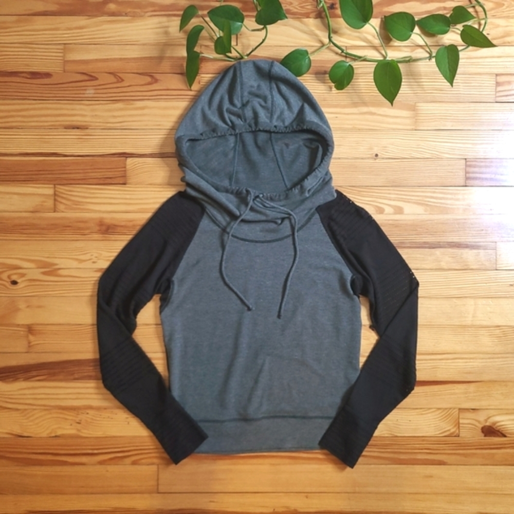Athleta Hooded Sweatshirt Cut-Out Cowl-Neck Long-Sleeve Thumb Black Grey - xxs